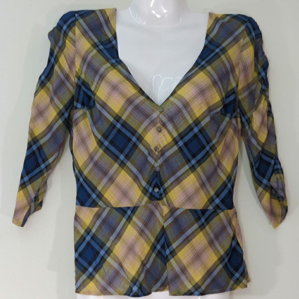 Express Yellow & Blue Plaid V-Neck Button Peplum Top‎ Small NWT Preppy Academia